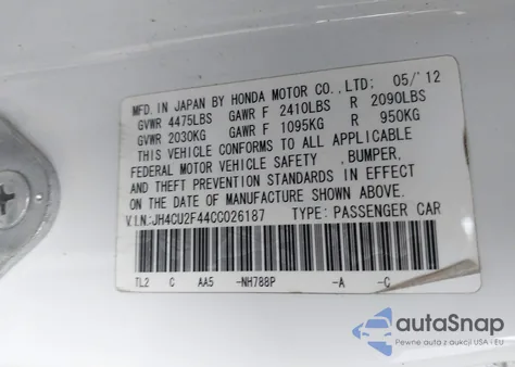 2012 Acura Tsx 2.4 z USA, uszkodzony, nr VIN JH4CU2F44CC026187